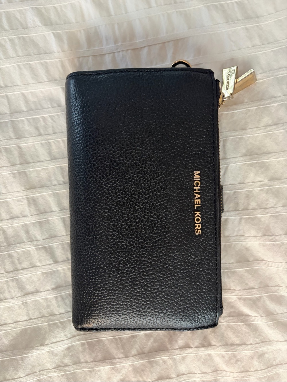 Michael Kors Black Leather Zip-Around Wallet with Gold Hardware